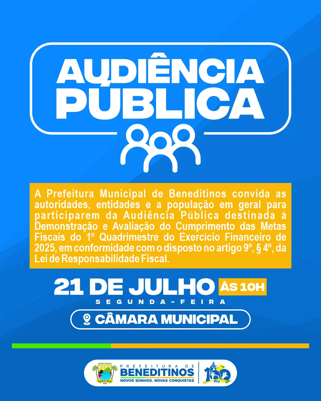 Prefeitura de Beneditinos realizará Audiência Pública para apresentação das metas fiscais do 1º quadrimestre de 2025