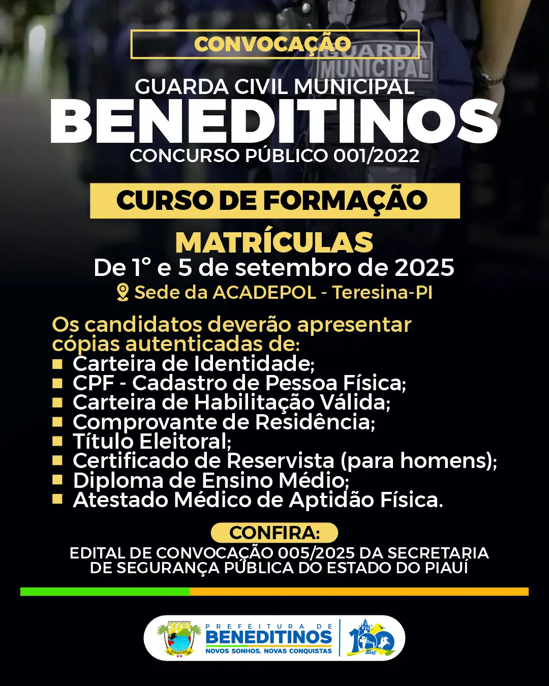 Convocação de candidatos para Curso de Formação de Guardas Civis Municipais
