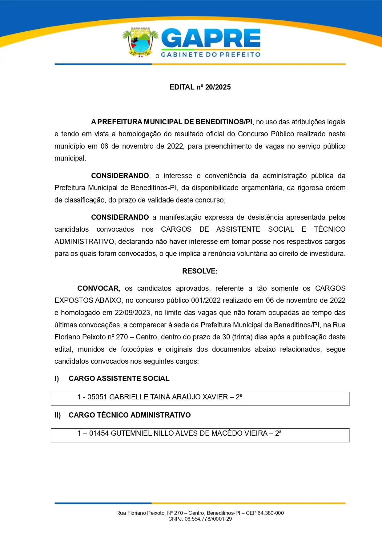 Foto 1 – Prefeitura de Beneditinos faz nova convocação referente ao Concurso Público 001/2022