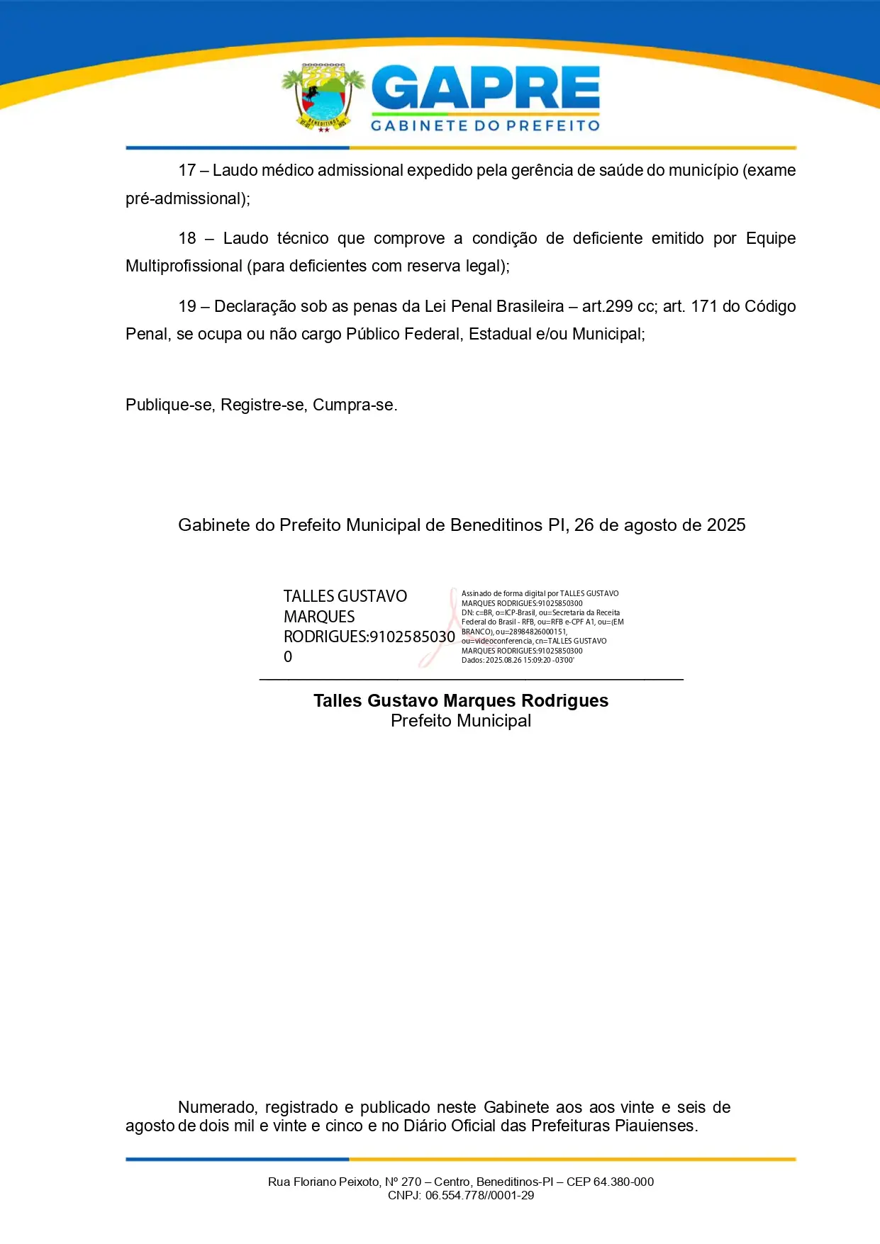 Foto 3 – Prefeitura de Beneditinos faz nova convocação referente ao Concurso Público 001/2022